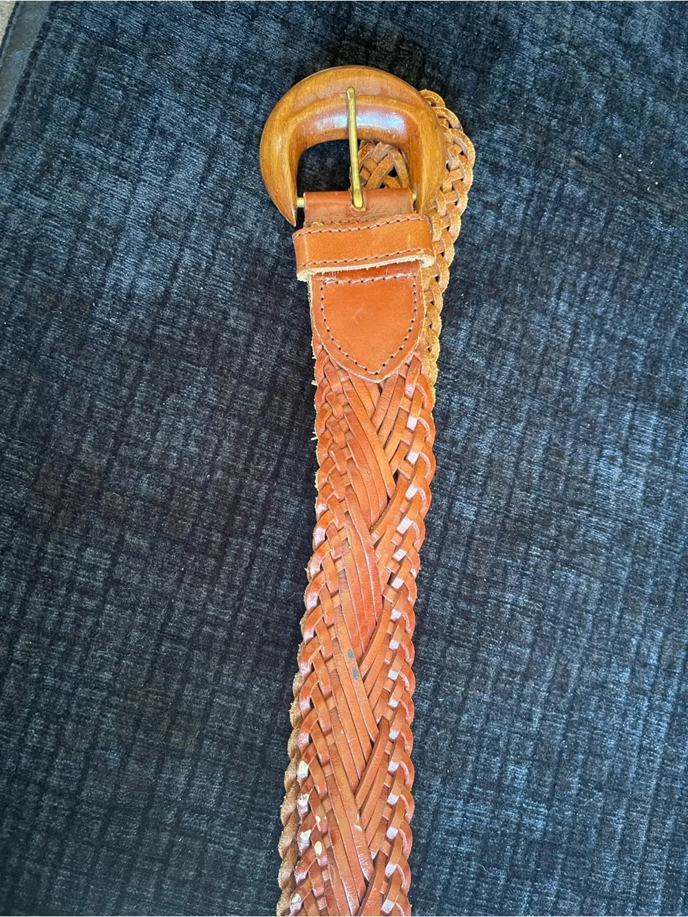 Woven Leather Women’s Belt in Cognac Carved wooden Buckle